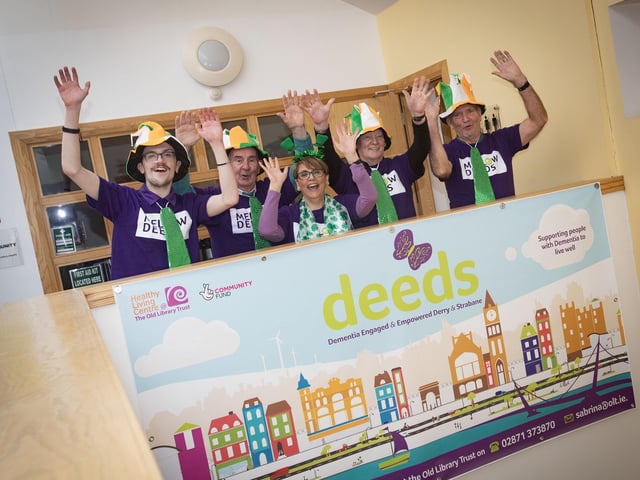 DEEDS Co-Ordinator Sinead Devine pictured with some of the members of the Choir during Saturday's St. Patrick's Day concert in the Old Library Trust, Creggan. From left, Owen Coyle, Sean Gallagher, Gerard McGill and Willie Barrett.