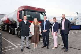 (l-r) Raymond Gormley, Consumer Council for Northern Ireland, Fiona Magee, Advice NI, Communities Minister Gordon Lyons, Nicole Lappin, Chair NIHE and David Blevings, Northern Ireland Oil Federation.