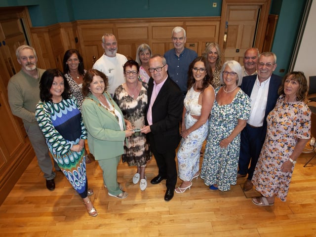 The Mayor Patricia Logue pictured with Eddie Breslin and his family at a function in his honour at the Guildhall on Thursday evening.