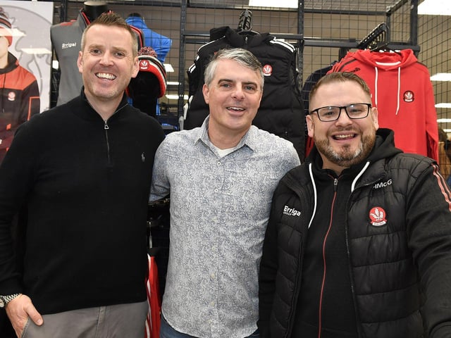 John Murphy, Business Development, O’Neill’s, Declan Callaghan, Derry City FC director and Hugh McGrath, Derry GAA, pictured at the launch of Derry’s new home and away jersey, for the 2026/2027 season, at O’Neill’s sports store in Waterloo Place on Thursday evening. Photo: George Sweeney