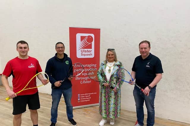 L to R: Dan Greenaway and William Nicholson (Ulster Squash Board Members), Sandra Duffy (Mayor of Derry and Strabane Council) and Paul McCusker (Chair of Foyle Squash).