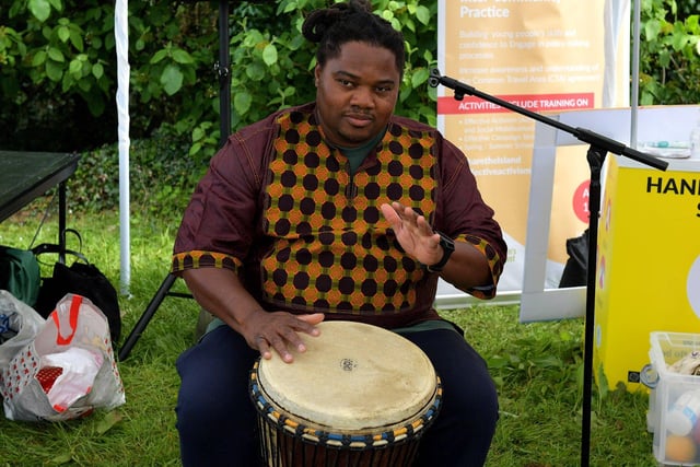 Wilson plays the drum at the NW Migrants Forum’s ‘Celebrate Family – Connect Communities’ fun day at Coshquin on Sunday afternoon last. Photo: George Sweeney.  DER2320GS – 19 