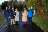 The Mayor Councillor Lilian Seenoi-Barr has officially  opened the Stradowen Greenway Project in Strathfoyle.  The 375 metre stretch of three metre wide greenway connects the Strathfoyle Greenway to Maydown Greenway via Stradowen Drive in Strathfoyle Village. Pictured at the event are Ian Breslin from contractor Adman, Mark H. Durkan MLA, Chris Moore,  UK Shared Prosperity Fund , Ministry Of Housing Communities and Local Government, Karen Phillips, Director of Environment and Regeneration for Derry City and Strabane District Council, Gus Hastings,  Strathfoyle Greenway Community Steering Group  and Colin Kennedy, Natural Environment Regeneration Officer. Picture Martin McKeown. 20.12.24