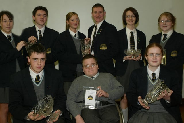 Year 12 prizewinners pictured at the Lumen Christi College Senior prizegiving.  Seated are Emmet Dorrian, Kieran Doherty and Catriona Rawdon, while standing are Laura Gormely, Niall O'Neill, Caoimhe Doherty, Patrick Gough, Claire Gillen and Colleen McDaid.  (1001JB224)
