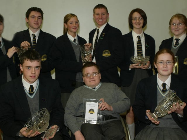 Year 12 prizewinners pictured at the Lumen Christi College Senior prizegiving.  Seated are Emmet Dorrian, Kieran Doherty and Catriona Rawdon, while standing are Laura Gormely, Niall O'Neill, Caoimhe Doherty, Patrick Gough, Claire Gillen and Colleen McDaid.  (1001JB224)