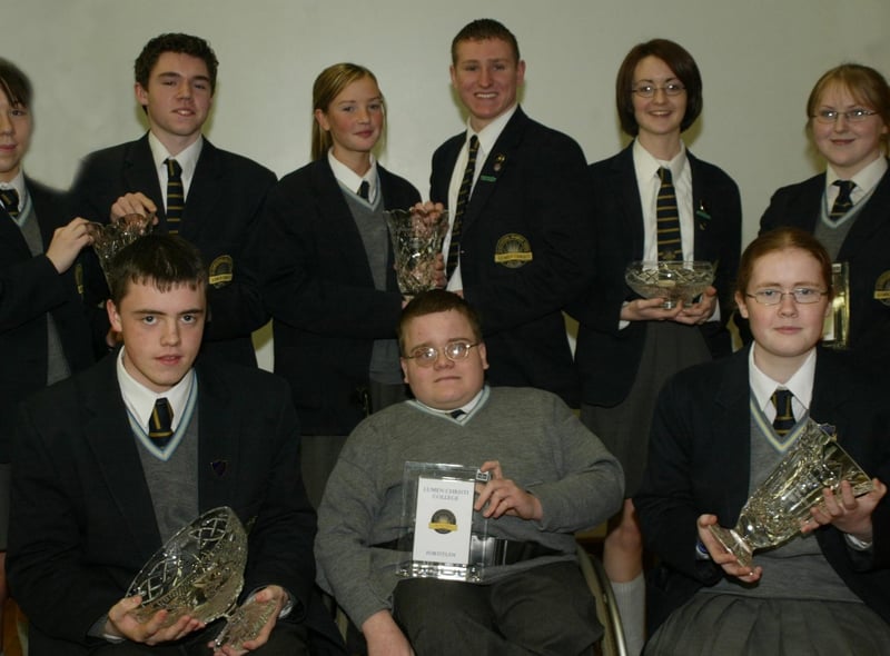 Year 12 prizewinners pictured at the Lumen Christi College Senior prizegiving.  Seated are Emmet Dorrian, Kieran Doherty and Catriona Rawdon, while standing are Laura Gormely, Niall O'Neill, Caoimhe Doherty, Patrick Gough, Claire Gillen and Colleen McDaid.  (1001JB224)