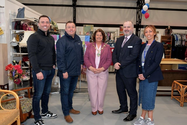 Pictured at the official opening of the Hospice Shop in Pennyburn Industrial Estate are, from left Blaine and Martin Teriney, landlords, Mayor Patricia Logue, Donal Henderson, CEO Foyle Hospice, and Shops Manager Jackie McMonagle. Photo: George Sweeney
