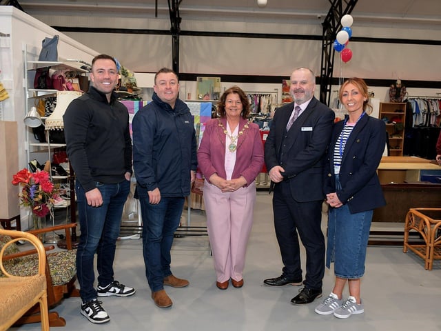 Pictured at the official opening of the Hospice Shop in Pennyburn Industrial Estate are, from left Blaine and Martin Teriney, landlords, Mayor Patricia Logue, Donal Henderson, CEO Foyle Hospice, and Shops Manager Jackie McMonagle. Photo: George Sweeney