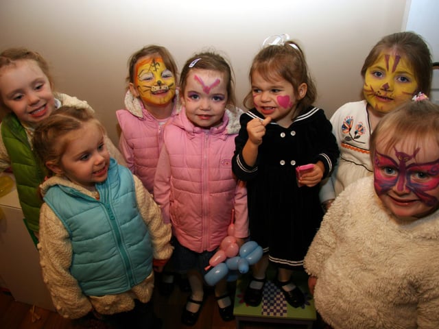 Party guests, Tyler, Chloe, Emily, Laura, Alexa, Louise and Kylie enjoy the face painting 0027JML : Parties and nights out in Derry and Donegal in February 2006.