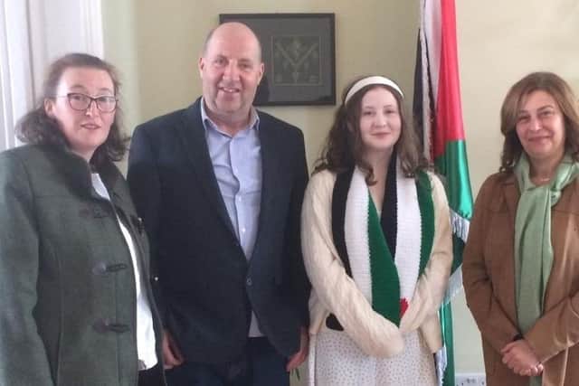 Rachael McGee and her parents Josephine Kelly and Sean McGee with the Palestinian Ambassador in Dublin this week.