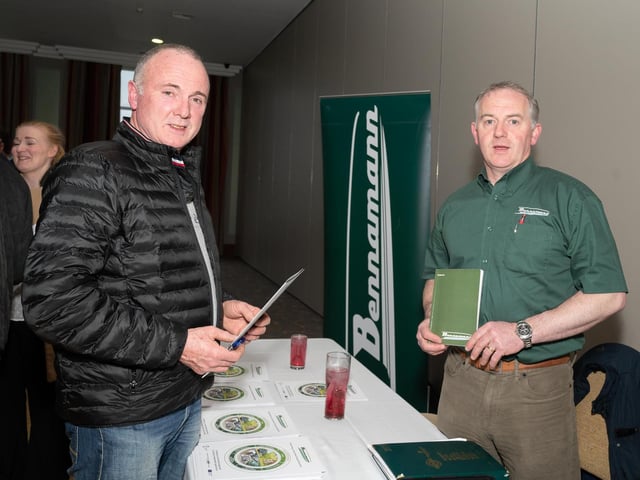 Brendan Doherty with Seamus Gallagher, Bennamann, at the Inishowen Co-Operative Society’s Renewable Energy information evening for farmers in the Inishowen Gateway Hotel.  Photo Clive Wasson.