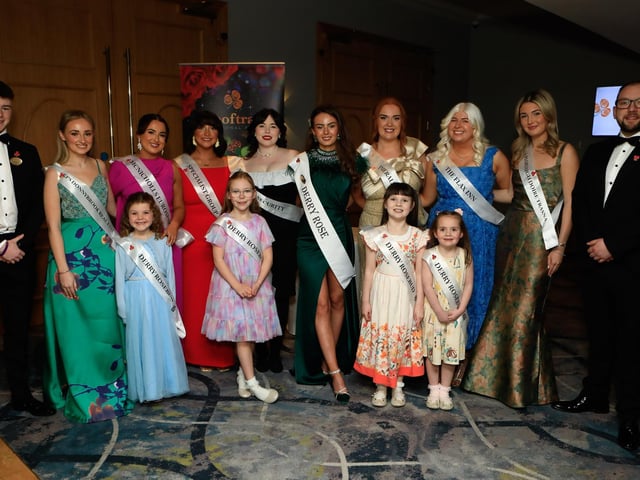 Group of contestants at the Derry Rose of Tralee selection held in the Everglades Hotel. On left is Aaron Tourish (escort) and on right Colton Friel (escort). (Photo - Tom Heaney, nwpresspics)