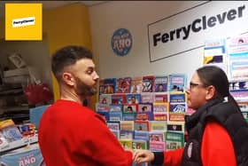 Ferry Clever 'customer' Karen Pyne asking store owner if they have any Cups.
