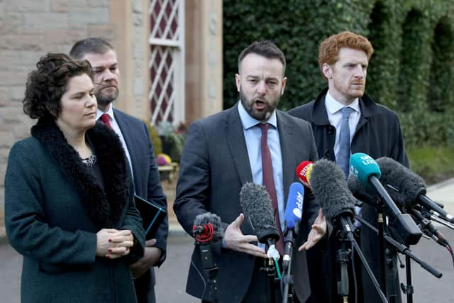 SDLP leader Colum Eastwood speaks to members of the media outside the Culloden Hotel near Belfast, earlier this month after holding talks with the UK's Prime Minister Rishi Sunak. (Photo by Paul Faith / AFP) (Photo by PAUL FAITH/AFP via Getty Images)