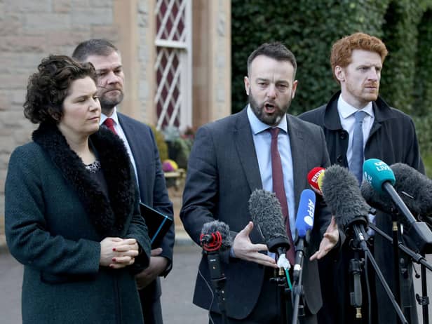 SDLP leader Colum Eastwood speaks to members of the media outside the Culloden Hotel near Belfast, earlier this month after holding talks with the UK's Prime Minister Rishi Sunak. (Photo by Paul Faith / AFP) (Photo by PAUL FAITH/AFP via Getty Images)