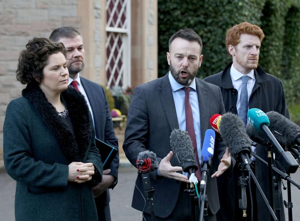 SDLP leader Colum Eastwood speaks to members of the media outside the Culloden Hotel near Belfast, earlier this month after holding talks with the UK's Prime Minister Rishi Sunak. (Photo by Paul Faith / AFP) (Photo by PAUL FAITH/AFP via Getty Images)