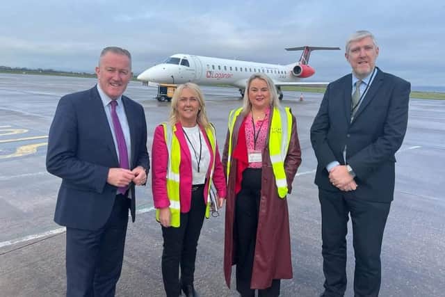 Economy Minister Conor Murphy pictured previously with Sinn Féin Foyle MLA Ciara Ferguson, Derry City & Strabane District Councillor Sandra Duffy and Infrastructure Minister John O'Dowd at City of Derry Airport.