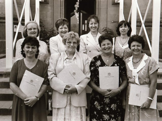 Photographs of students, professors, and proud parents during the Magee graduations in June 1995.