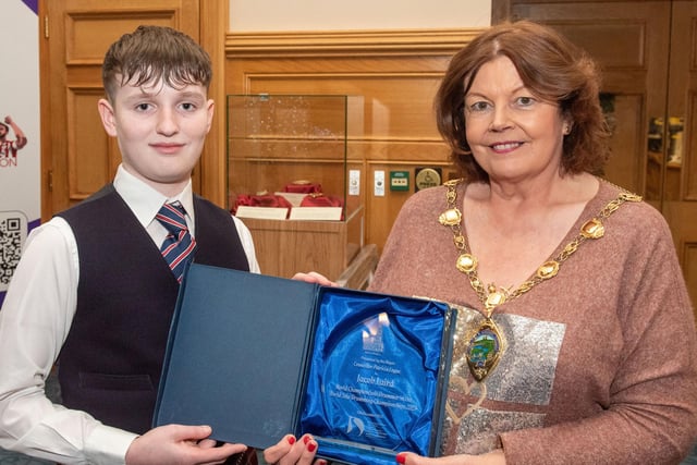 Jacob Laird - World Champion Solo Drummer in the World Solo Drumming Championships 2023 with Mayor Councillor Patricia Logue.
