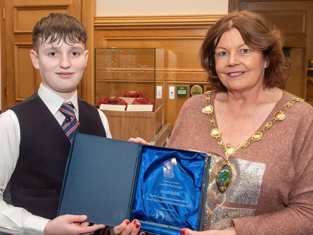Jacob Laird - World Champion Solo Drummer in the World Solo Drumming Championships 2023 with Mayor Councillor Patricia Logue.