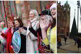 Left: Mayor of Derry City and Strabane District Council, Councillor Patricia Logue, launching Council’s Christmas programme with Council’s Events Co-ordinator Andrea Campbell and members of the Voices of the Foyle Choir. Photo Lorcan Doherty. Right: The Christmas tree being installed at Guildhall Square at the weekend. Photo: Kevin Mullan.