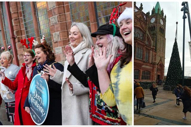 Left: Mayor of Derry City and Strabane District Council, Councillor Patricia Logue, launching Council’s Christmas programme with Council’s Events Co-ordinator Andrea Campbell and members of the Voices of the Foyle Choir. Photo Lorcan Doherty. Right: The Christmas tree being installed at Guildhall Square at the weekend. Photo: Kevin Mullan.