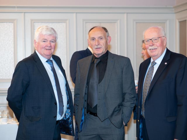 Nicholas Crossan, Kevin Doherty and John McCarter at the Tip O'Neill Irish Diaspora Awards 2024 in Inishowen Gateway Hotel on Friday last. Photo Clive Wasson