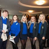 At the HSE & IDP Health, Social Care Recruitment  &  Education Fair in Inishowen Gateway Hotel on Tuesday last are Scoil Mhuire Buncrana's Patrick Murphy Emma Sweeney, Leah Doherty, Holly Doherty and Sarah Moore. Photo Clive Wasson