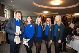 At the HSE & IDP Health, Social Care Recruitment  &  Education Fair in Inishowen Gateway Hotel on Tuesday last are Scoil Mhuire Buncrana's Patrick Murphy Emma Sweeney, Leah Doherty, Holly Doherty and Sarah Moore. Photo Clive Wasson