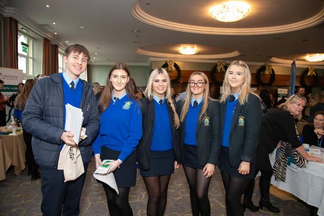 At the HSE & IDP Health, Social Care Recruitment & Education Fair in Inishowen Gateway Hotel on Tuesday last are Scoil Mhuire Buncrana's Patrick Murphy Emma Sweeney, Leah Doherty, Holly Doherty and Sarah Moore. Photo Clive Wasson
