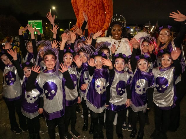 The Mayor Councillor Lilian Seenoi-Barr who dressed as a Derry Girls Angel as she joined groups from across the North West for Derry City and Strabane District Council's community based Halloween Carnival Parade. Picture Martin McKeown. 31.10.24