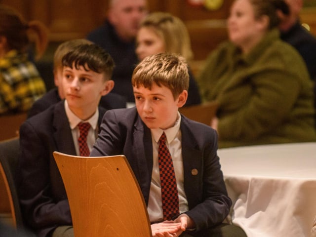 The Mayor Councillor Sandra Duffy welcomed pupils from Lisneal College to the Guildhall as she recognised the hugely successful cricket teams who claimed four trophies last season including the, U15 Ulster Schools Cup,Under 14 Derriaghy Cup, U13 Slemish Cup, U12 Wesley Ferris Cup. Picture Martin McKeown. 26.01.23:.