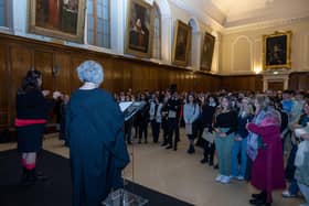 Trinity's Provost Linda Doyle addressing students and their former principals in the Public Theatre (Paul Sharp)