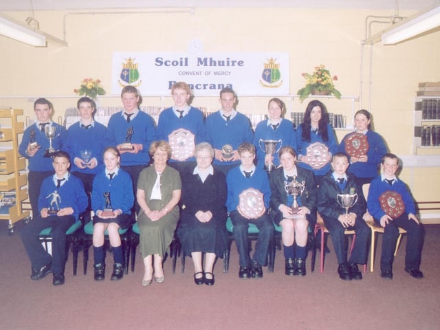 Sports award winners at the Scoil Mhuire annual presentation of awards. Included are, seated from left, Mary Margaret Grant, Credit Union sponsors, and Sister Marie Wylie, Board of Management chairperson. (2005MG05)