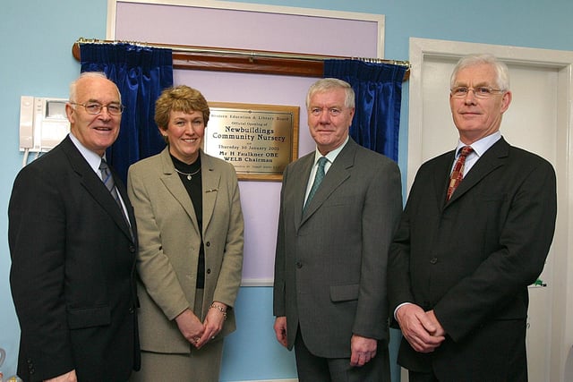 Bertie Faulkner (third from left), chairman of the Western Education and Library Board, unveiling a plaque to officially open the new Newbuildings Community Nursery, with (from left), Joseph Martin, Chief Executive WELB, Heather Poole, nursery principal and Jim Foster, chairman of the Board of Governors. (0402T01).