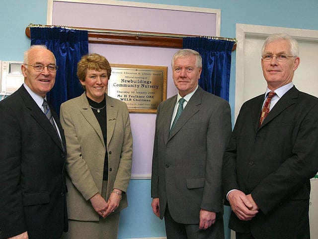 Bertie Faulkner (third from left), chairman of the Western Education and Library Board, unveiling a plaque to officially open the new Newbuildings Community Nursery, with (from left), Joseph Martin, Chief Executive WELB, Heather Poole, nursery principal and Jim Foster, chairman of the Board of Governors. (0402T01).