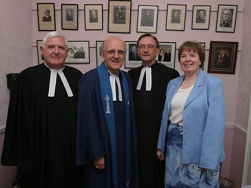 Rev. Winston Graham (second from left), president of the Methodist Church in Ireland who was guest speaker at a special Centenary service in the Carlisle Road Methodist Church. Included from left are Rev. Dr. Fred Munce, Superintendent, Rev. Chris Fraser, church minister and soloist Mrs. Nan Fraser. (1305T22)