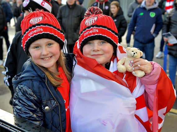 Young fans at the Derry City v Bohemian game at Brandywell Stadium on Monday evening. Photo: George Sweeney. DER2315GS – 118