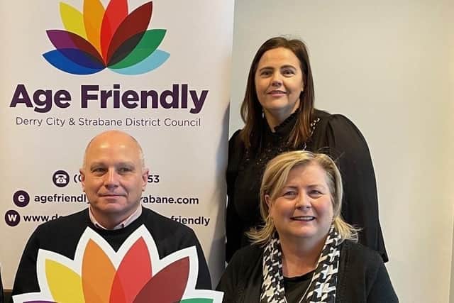 Seated front row, from left, Representatives of the Over 50’s Reference Panel Tony Hassell and Carmel Farrell alongside Ciara Burke, Derry City & Strabane District Council.