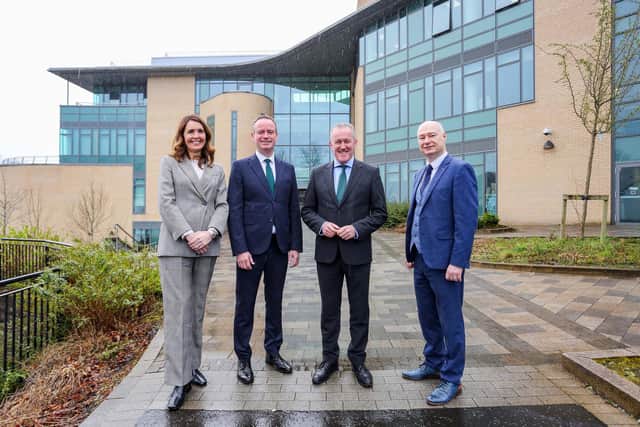 Pictured at the launch of the Ulster University Magee Taskforce are (l-r) Taskforce Vice Chair  Nicola Skelly; Taskforce Chair Stephen Kelly; Economy Minister Conor Murphy; and Vice-Chancellor of Ulster University Prof Paul Bartholomew.Photo Lorcan Doherty