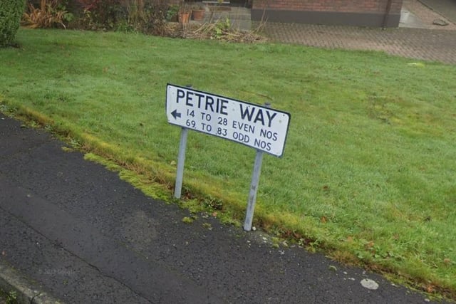 Petrie Way (Bealach Petrie). Names after George Petrie (1797-1866), landscape artist, archaeologist, Superintendent of the Ordnance Survey Topographical Department (Bryson). The website of An Coimisiún Logainmneacha does not give an Irish form of the name, though those of his colleagues are gaelicised. There are several streets in the Ballynashallog Ward named after people involved in the OS in the 1830s and 1840s when the first 6" series of maps were made. These are Colby Avenue, Drummond Park, Larcom Drive, O'Donovan Road and Petrie Way.