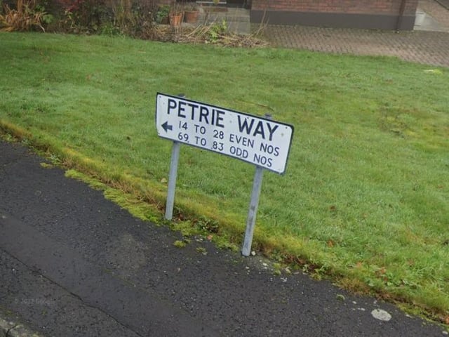 Petrie Way (Bealach Petrie). Names after George Petrie (1797-1866), landscape artist, archaeologist, Superintendent of the Ordnance Survey Topographical Department (Bryson). The website of An Coimisiún Logainmneacha does not give an Irish form of the name, though those of his colleagues are gaelicised. There are several streets in the Ballynashallog Ward named after people involved in the OS in the 1830s and 1840s when the first 6" series of maps were made. These are Colby Avenue, Drummond Park, Larcom Drive, O'Donovan Road and Petrie Way.