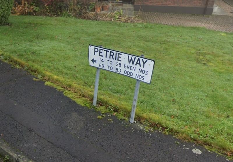 Petrie Way (Bealach Petrie). Names after George Petrie (1797-1866), landscape artist, archaeologist, Superintendent of the Ordnance Survey Topographical Department (Bryson). The website of An Coimisiún Logainmneacha does not give an Irish form of the name, though those of his colleagues are gaelicised. There are several streets in the Ballynashallog Ward named after people involved in the OS in the 1830s and 1840s when the first 6" series of maps were made. These are Colby Avenue, Drummond Park, Larcom Drive, O'Donovan Road and Petrie Way.