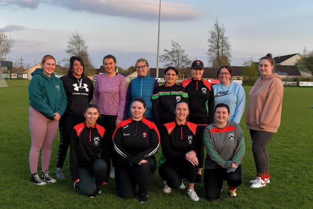 Some of the participants who took part in Doire Trasna’s  first Mothers and Others football practice session, at Corrody Road. Photo: George Sweeney.  DER2316GS – 05