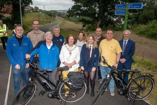 Derry City and Strabane District Council Mayor Councillor Patricia Logue has officially opened the new Strathfoyle greenway where she met funders, the design team, local community leaders and elected representatives and some of the young people who regularly use the new route above the River Foyle. Picture Martin McKeown. 23.06.23