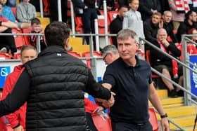 Derry City manager Ruaidhri Higgins shakes hands with Stephen Kenny.  Photograph: George Sweeney