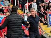 Derry City manager Ruaidhri Higgins shakes hands with Stephen Kenny.  Photograph: George Sweeney