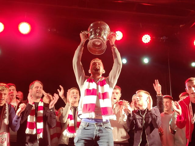 Derry City players' huge welcome home to the Guildhall Square after their FAI Cup Final win.
