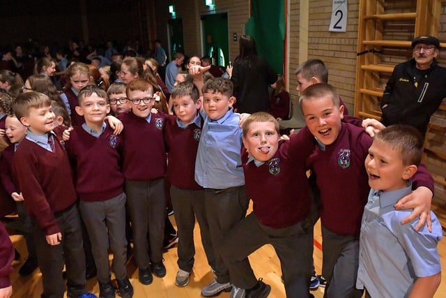 Pupils at St John’s Primary School loved the performance from the Jive Aces on Thursday afternoon. Photo: George Sweeney.  DER2317GS – 31