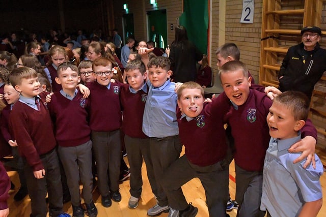 Pupils at St John’s Primary School loved the performance from the Jive Aces on Thursday afternoon. Photo: George Sweeney. DER2317GS – 31